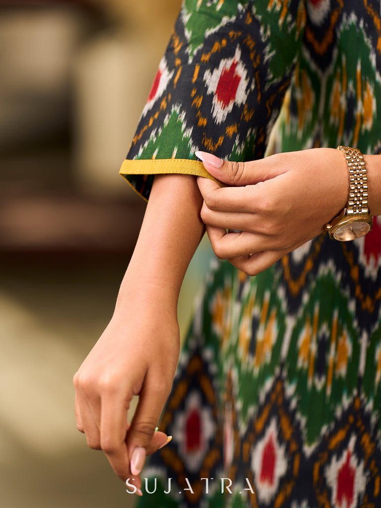 Artisanal Green Ikat Cotton Jacket Accented with Drawstring Detail, Mustard Collar, and High-Low Silhouette