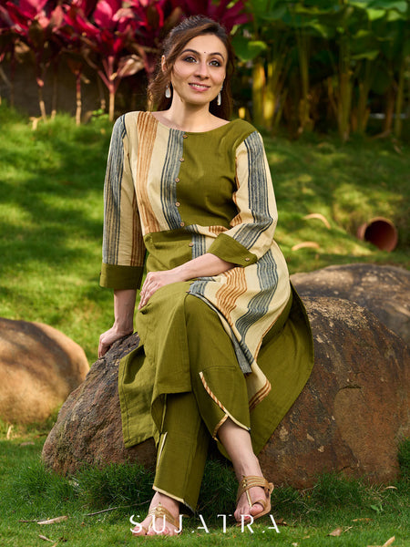 Artisanal Olive Cotton Kurta with Earthy Stripes and Asymmetrical Cut Panels