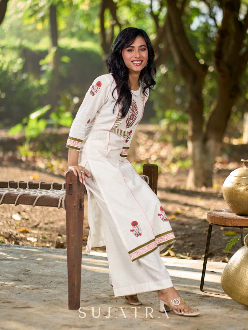 Breezy White Cotton Flared Pants with Relaxed Fit