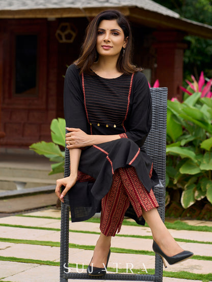 Elegant black cotton pintuck kurta adorned with Ajrak border - ajrak pant optional