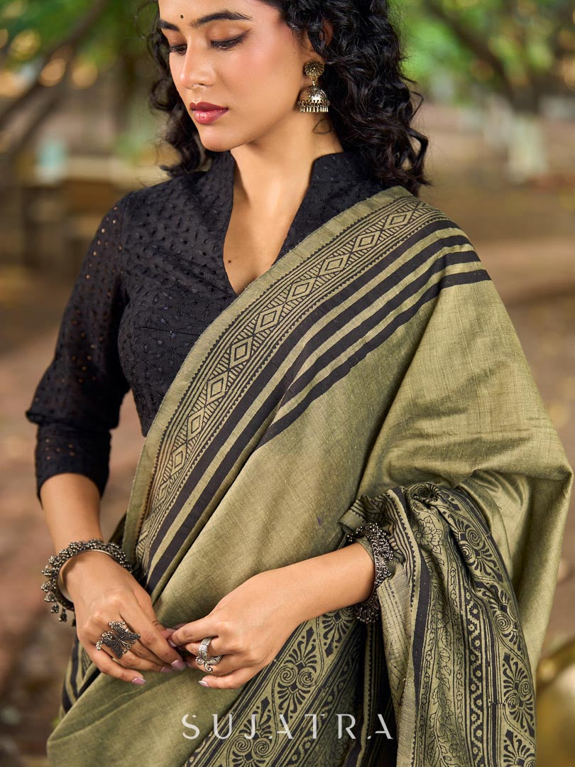 Natural Sage Green Cotton Saree with Traditional Black Hand Block Printed Border