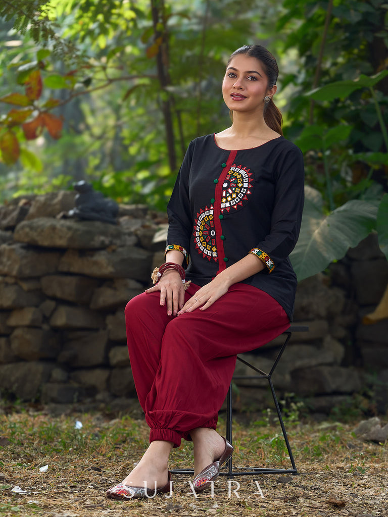 Classic Black Cotton Silk Top Featuring Delicate Kutch Mirror Work Accents & Bold Maroon Placket