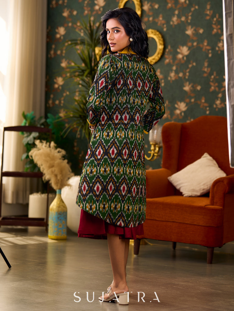 Artisanal Green Ikat Cotton Jacket Accented with Drawstring Detail, Mustard Collar, and High-Low Silhouette