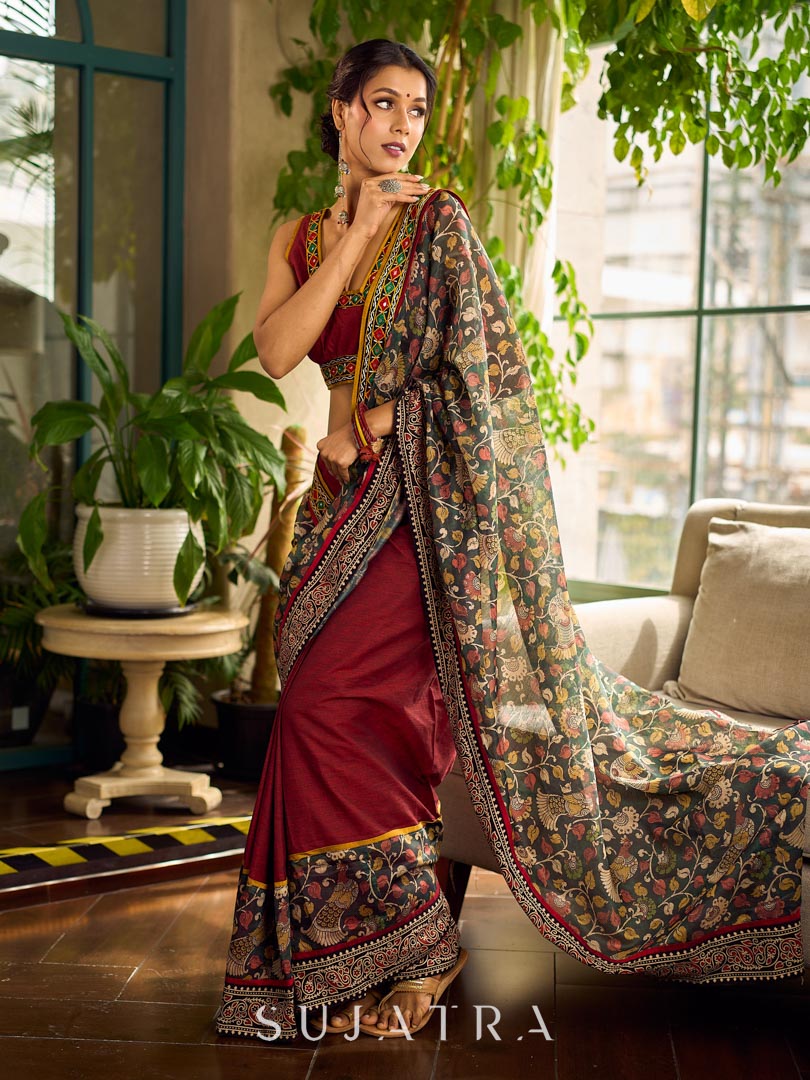 Regal Maroon Cotton Saree with Rich Kalamkari Printed Pallu with Mirror work