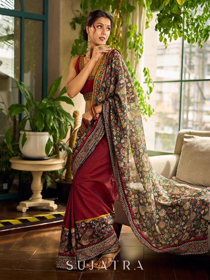 Regal Maroon Cotton Saree with Rich Kalamkari Printed Pallu with Mirror work
