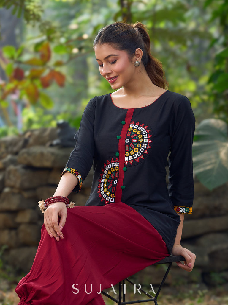 Classic Black Cotton Silk Top Featuring Delicate Kutch Mirror Work Accents & Bold Maroon Placket