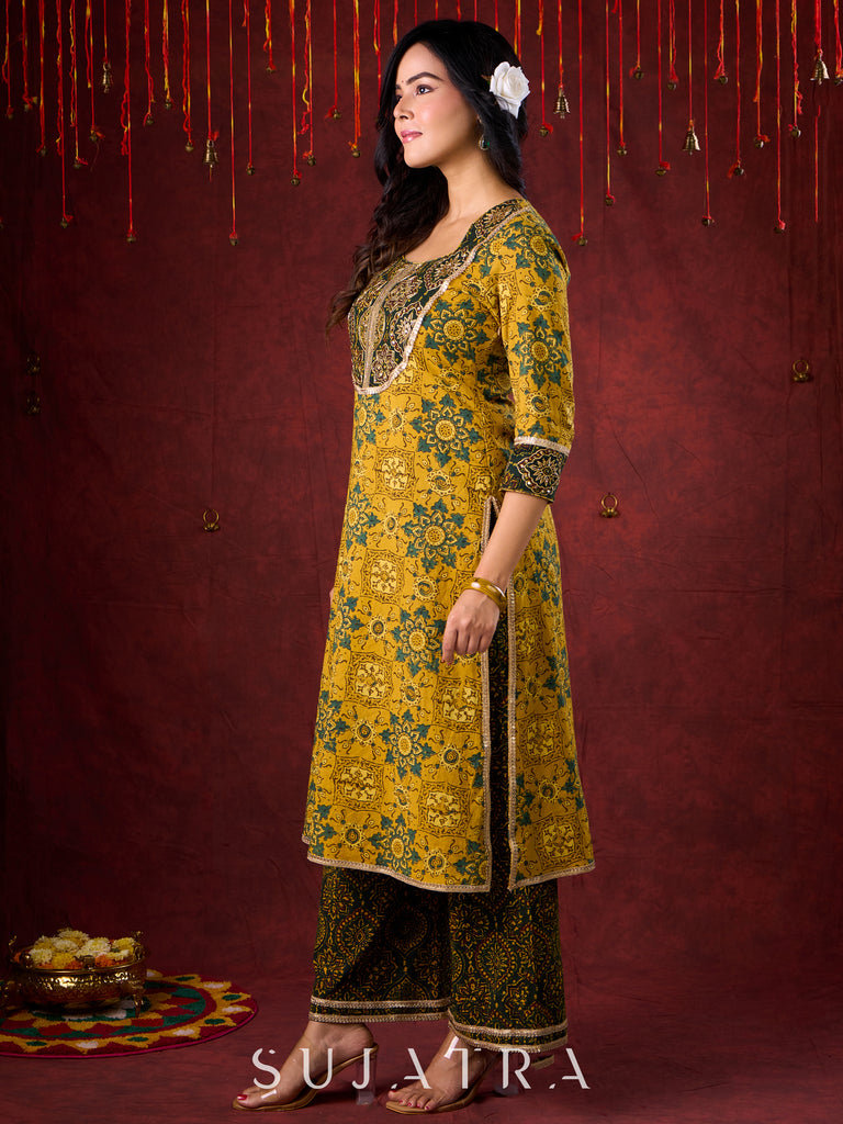 Mustard & Green Ajrakh Cotton Kurta with Minimal Hand Embroidery