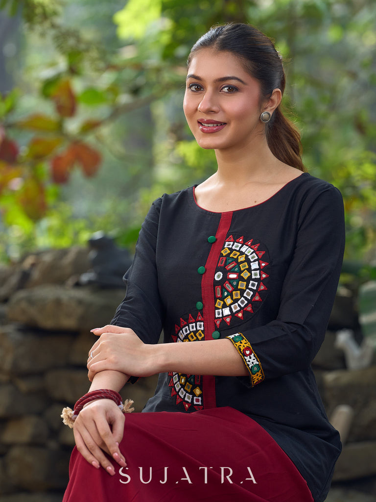 Classic Black Cotton Silk Top Featuring Delicate Kutch Mirror Work Accents & Bold Maroon Placket