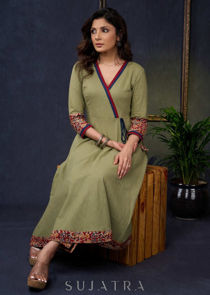 Exclusive-Sage-Green-Cotton-A-Line-Kurta-With-Kalamkari-Combination-Pant-Optional