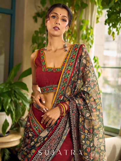 Regal Maroon Cotton Saree with Rich Kalamkari Printed Pallu with Mirror work