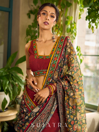 Regal Maroon Cotton Saree with Rich Kalamkari Printed Pallu with Mirror work