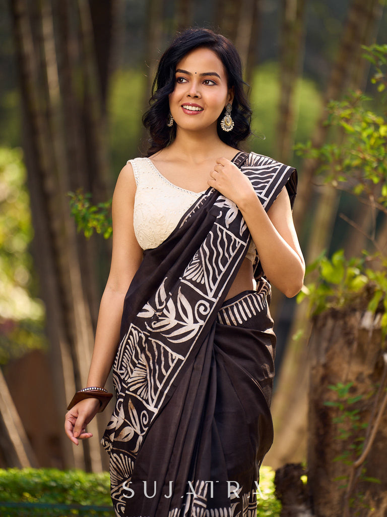Artisanal Black Pure Silk Hand Batik Saree with Classic Bold Designs