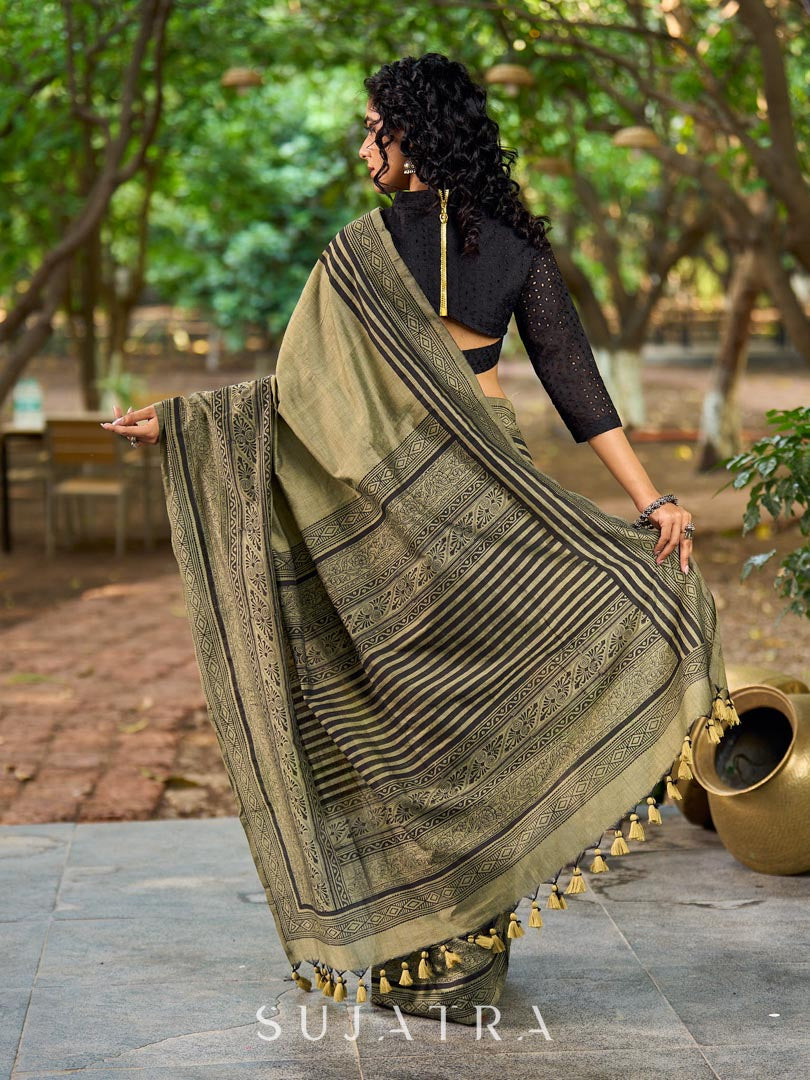 Natural Sage Green Cotton Saree with Traditional Black Hand Block Printed Border