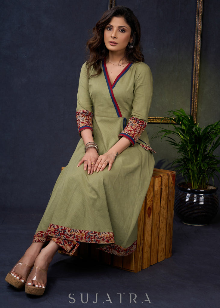Exclusive-Sage-Green-Cotton-A-Line-Kurta-With-Kalamkari-Combination-Pant-Optional