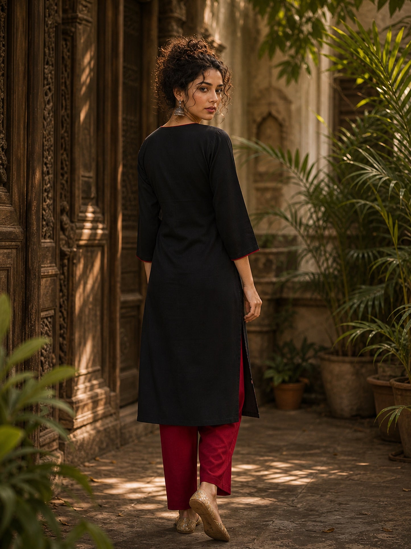 Artful Black Cotton Kurta with Statement Ajrakh Print Panel & Contrast Piping