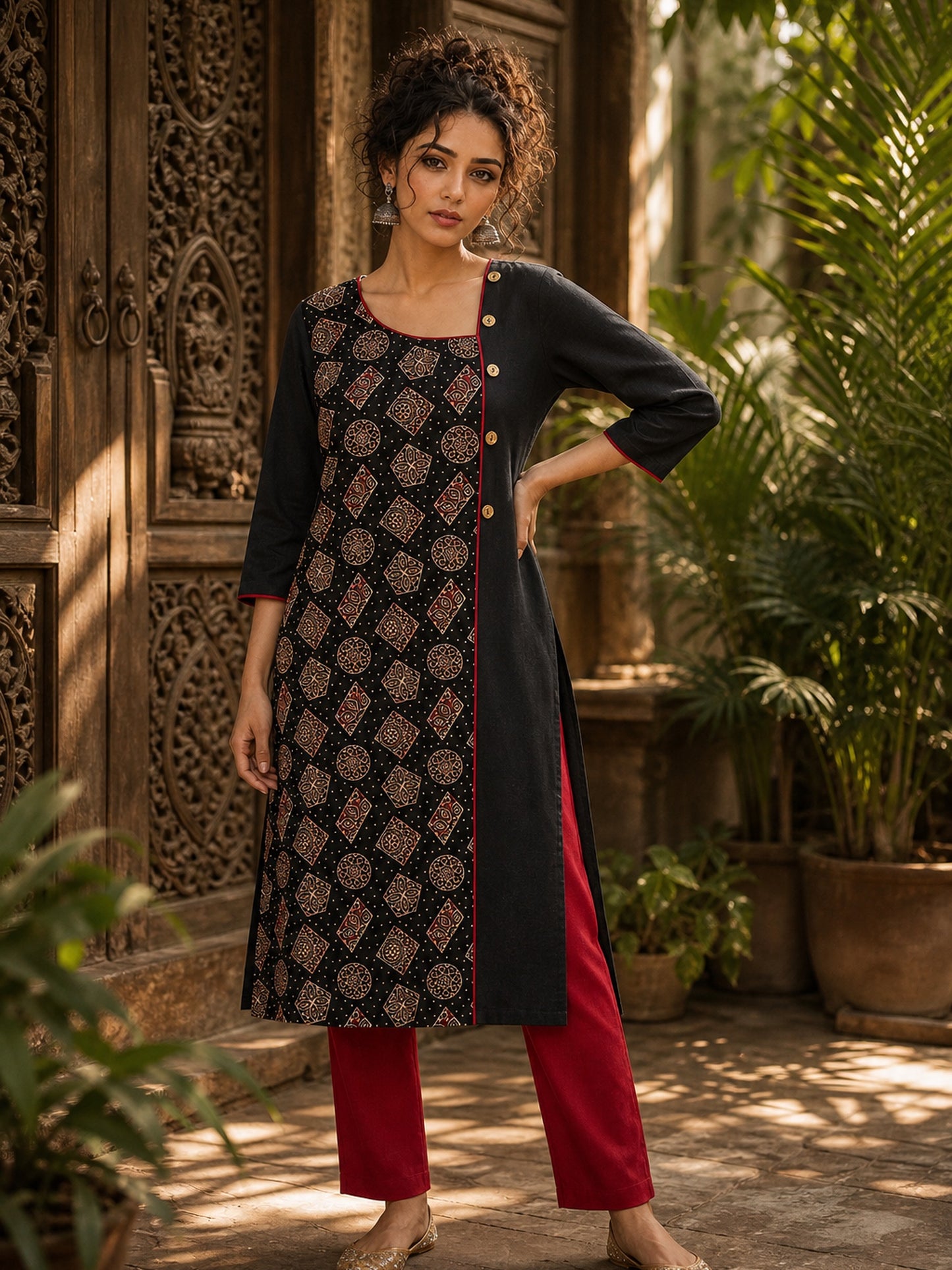 Artful Black Cotton Kurta with Statement Ajrakh Print Panel & Contrast Piping
