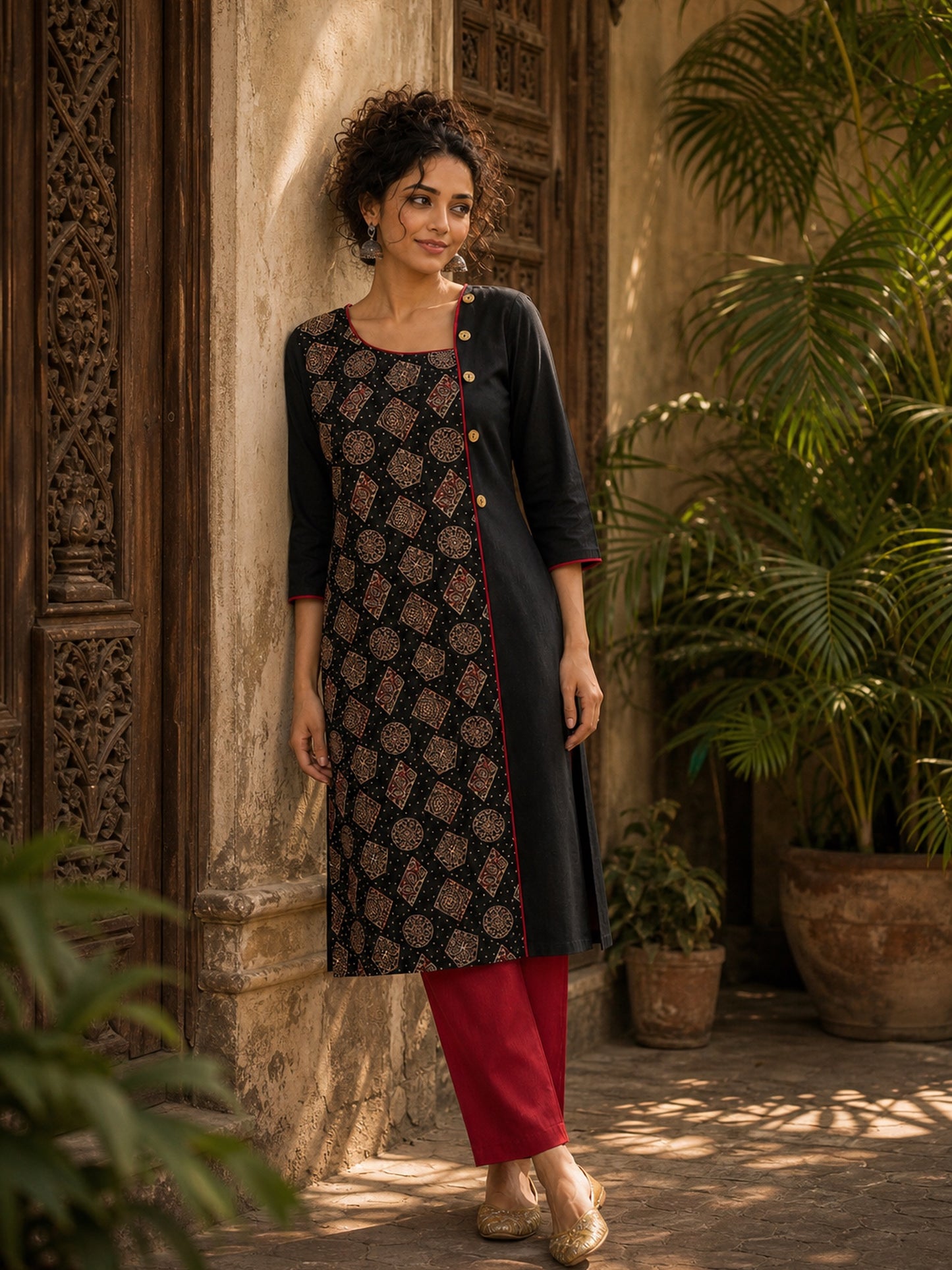 Artful Black Cotton Kurta with Statement Ajrakh Print Panel & Contrast Piping