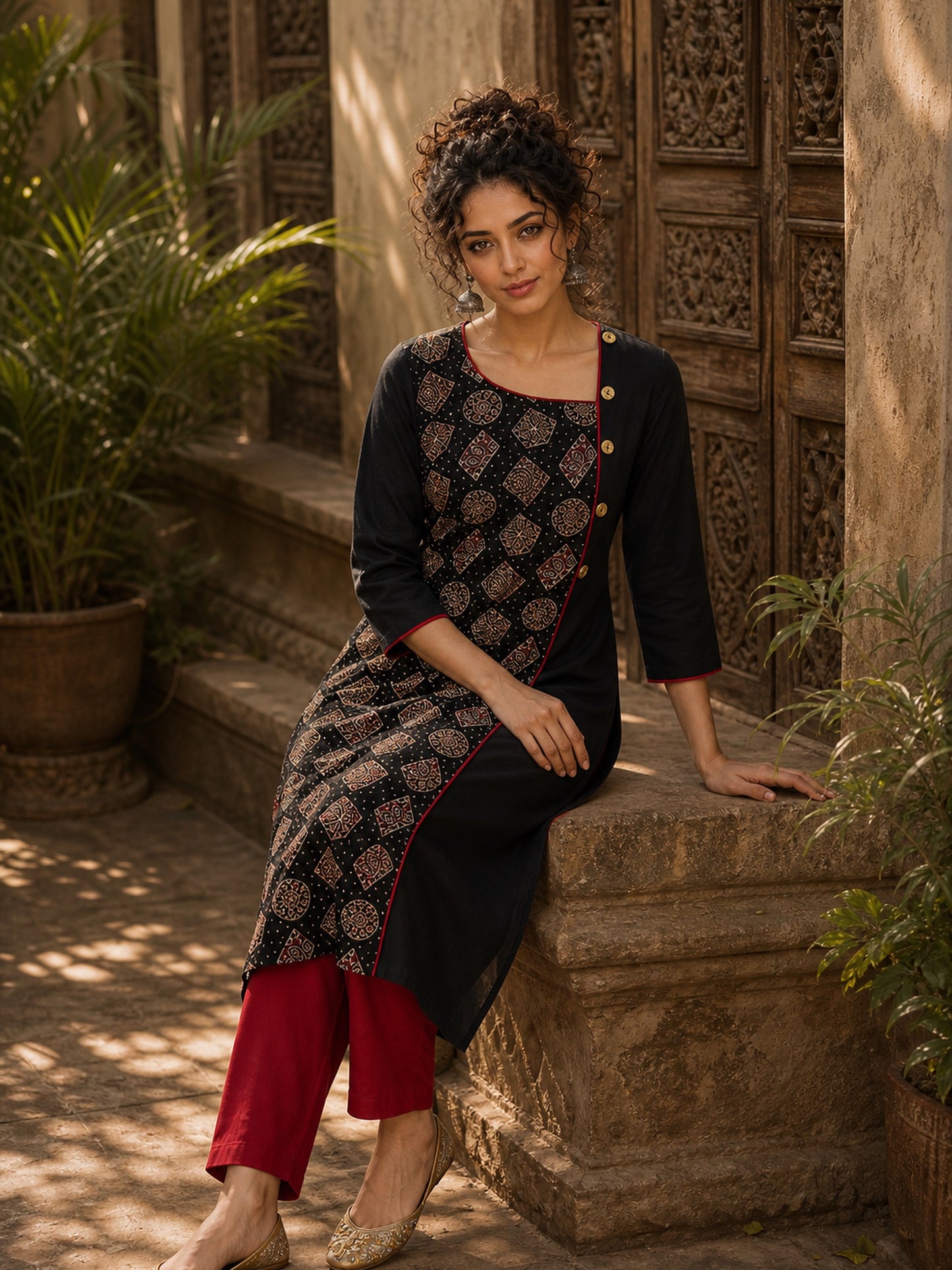 Artful Black Cotton Kurta with Statement Ajrakh Print Panel & Contrast Piping