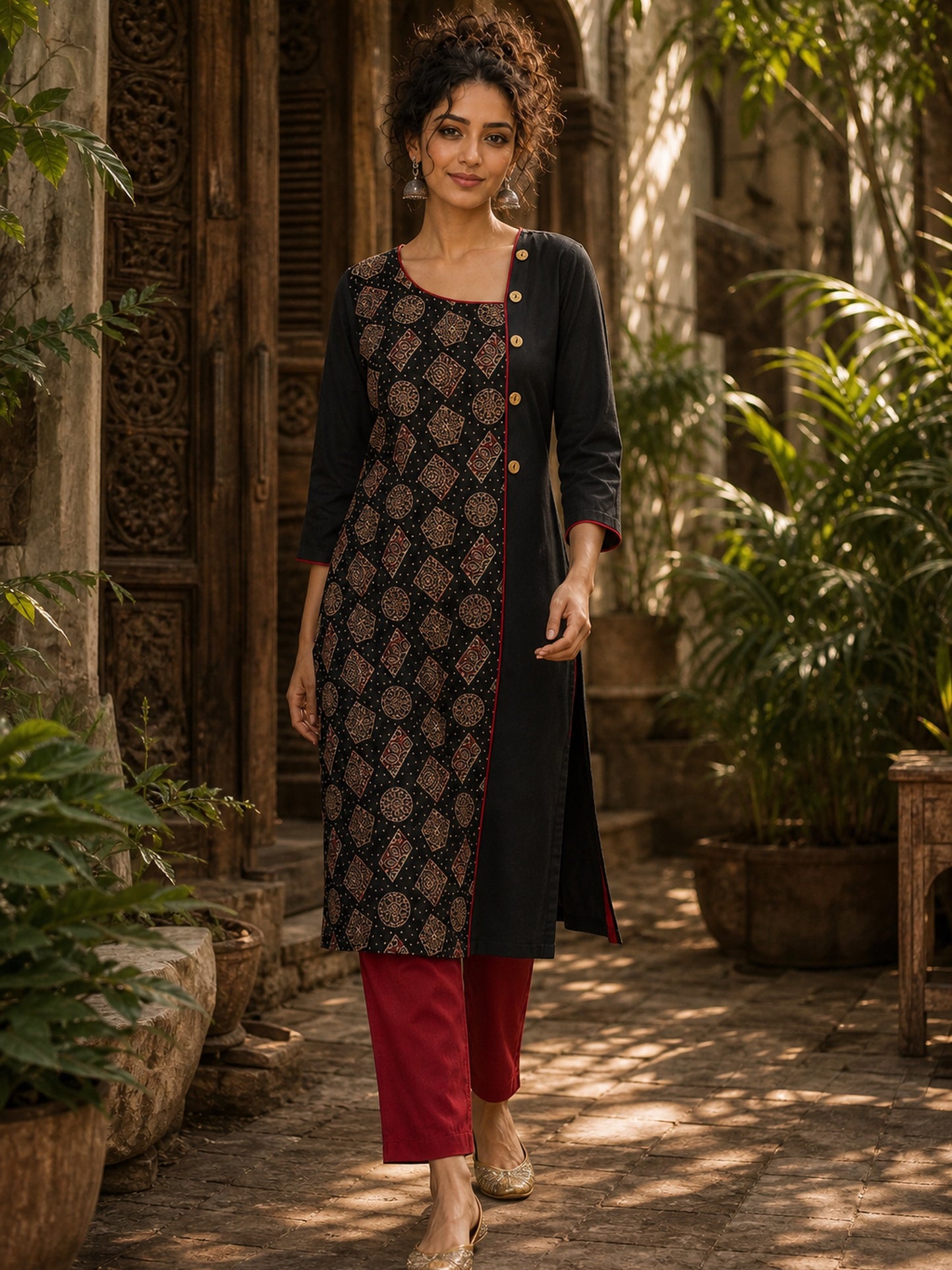 Artful Black Cotton Kurta with Statement Ajrakh Print Panel & Contrast Piping