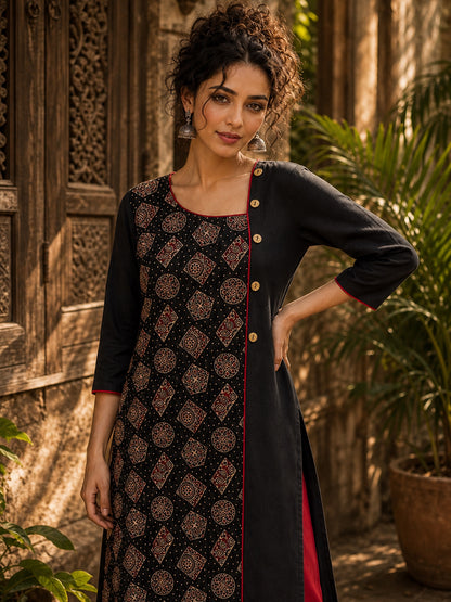 Artful Black Cotton Kurta with Statement Ajrakh Print Panel & Contrast Piping