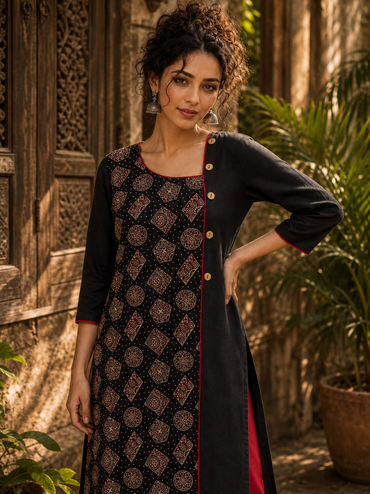 Artful Black Cotton Kurta with Statement Ajrakh Print Panel & Contrast Piping