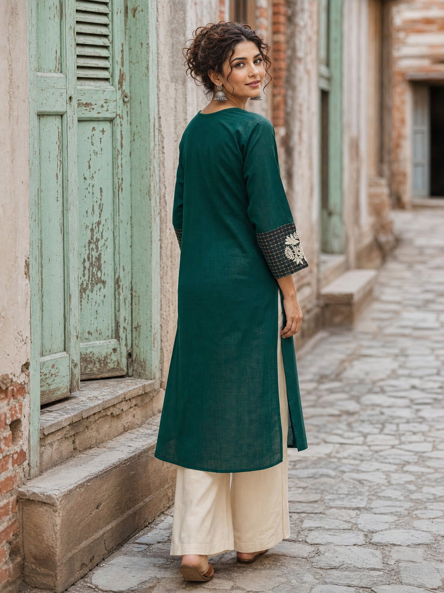 Minimal Bottle Green Kurta with Minimal Embroidery & Contrast Checkered Cuffs