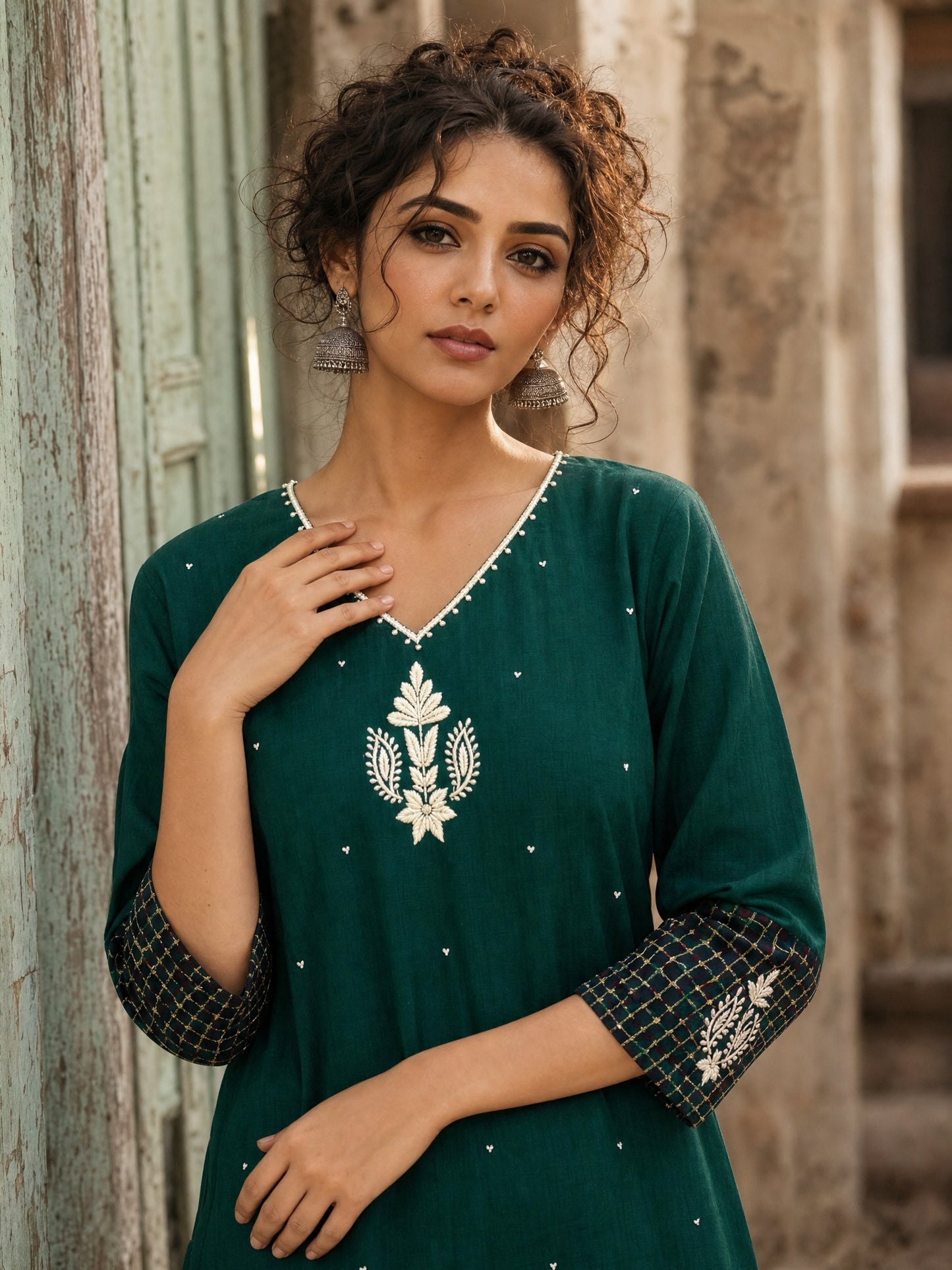 Minimal Bottle Green Kurta with Minimal Embroidery & Contrast Checkered Cuffs