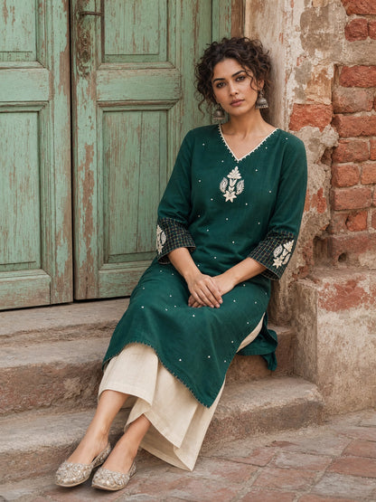 Minimal Bottle Green Kurta with Minimal Embroidery & Contrast Checkered Cuffs