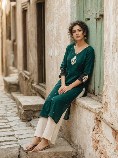 Minimal Bottle Green Kurta with Minimal Embroidery & Contrast Checkered Cuffs