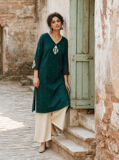 Minimal Bottle Green Kurta with Minimal Embroidery & Contrast Checkered Cuffs