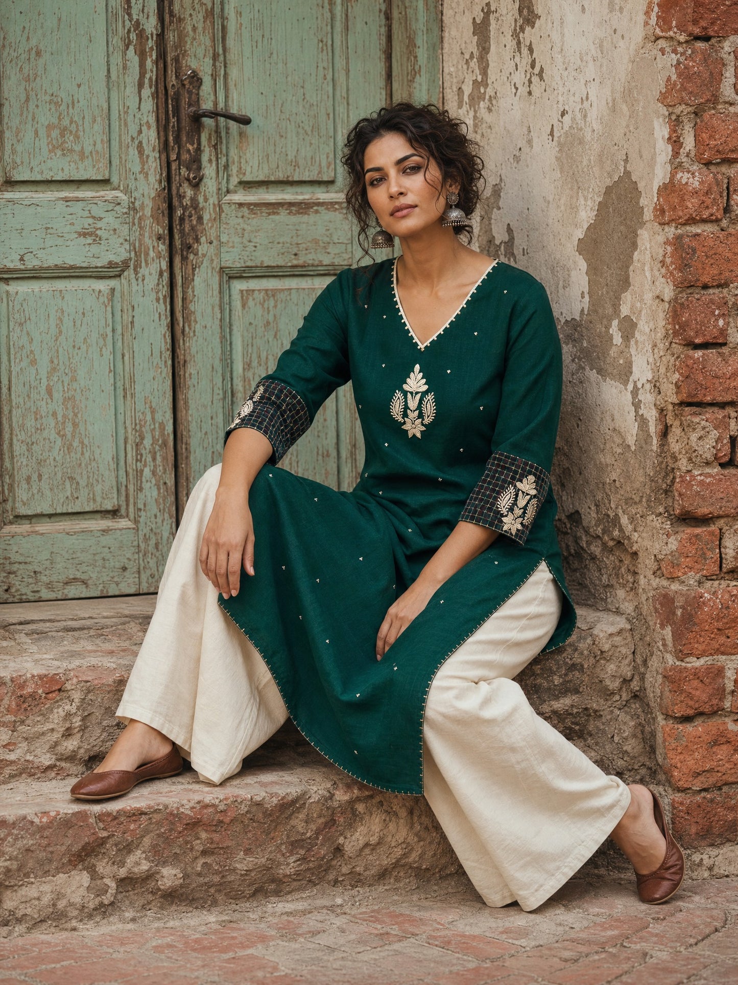 Minimal Bottle Green Kurta with Minimal Embroidery & Contrast Checkered Cuffs
