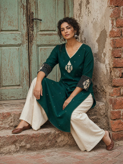 Minimal Bottle Green Kurta with Minimal Embroidery & Contrast Checkered Cuffs