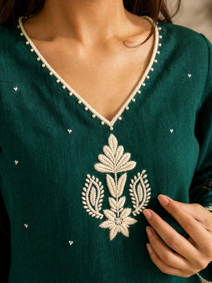 Minimal Bottle Green Kurta with Minimal Embroidery & Contrast Checkered Cuffs