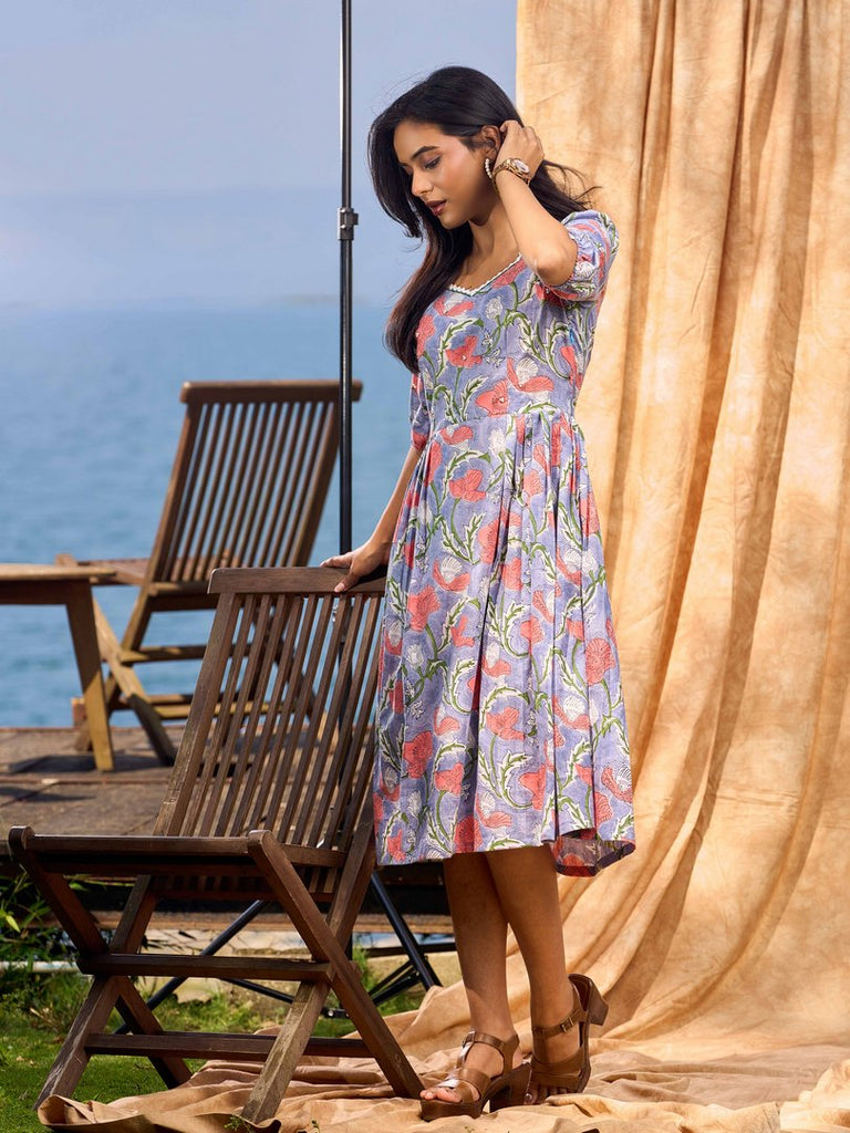 Lilac Bloom Cotton Pleated Dress With Scarlet Floral Print