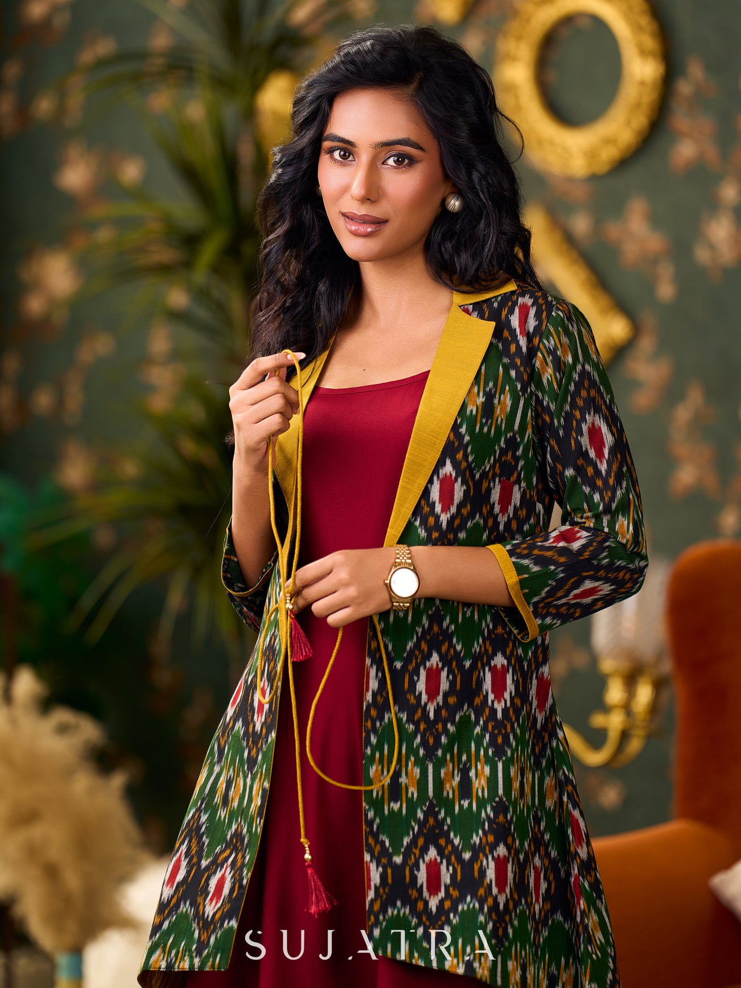 Artisanal Green Ikat Cotton Jacket Accented with Drawstring Detail, Mustard Collar, and High-Low Silhouette - Dress optional