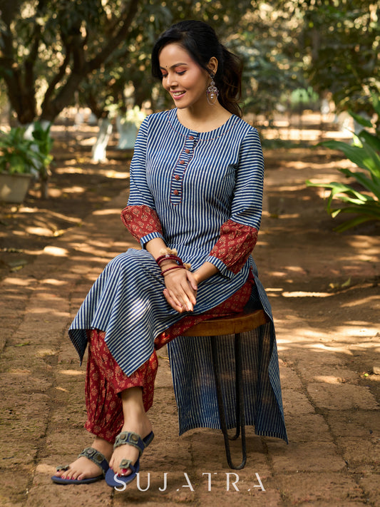 Chic Indigo Striped Kurta with Contrast Ajrakh Sleeves and Handcrafted Detailing on Neckline