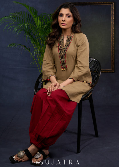 Dark Beige Cotton Tunic With Floral Embroidery And Elegant Cut-Work Sleeves - Pant Optional