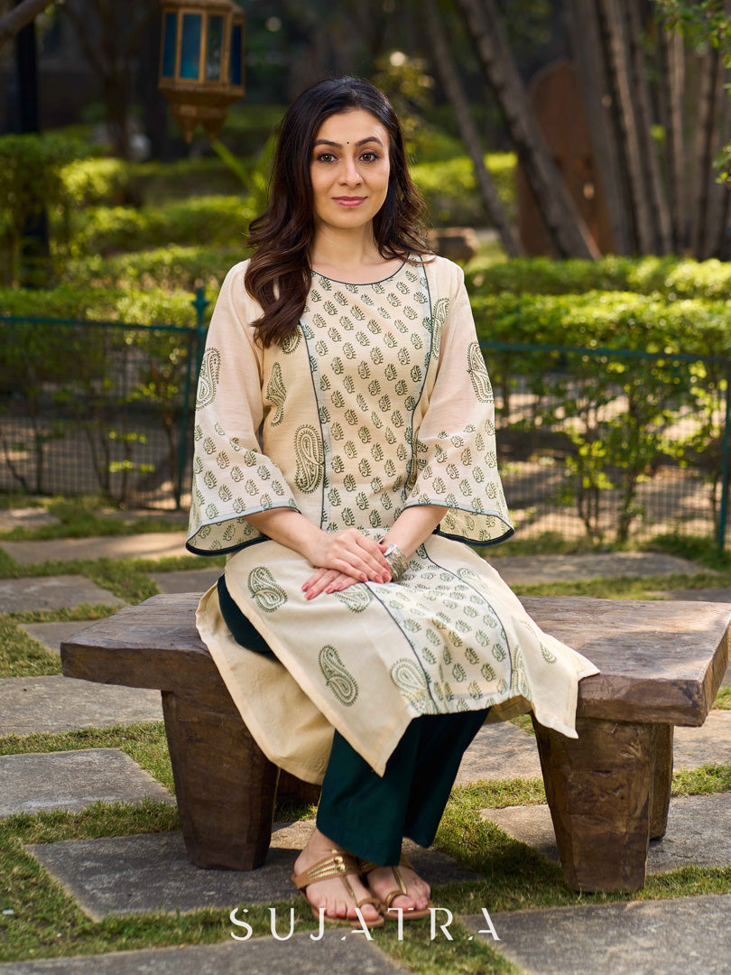 Classic Hand Block Printed Beige Chanderi Kurta Featuring Paisley Panels & Flared Sleeves