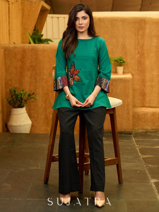 Artisan Patchwork Cotton Top in Green with Ikat Sleeves, Applique Floral and Hand Embroidered Kantha Stitchwork