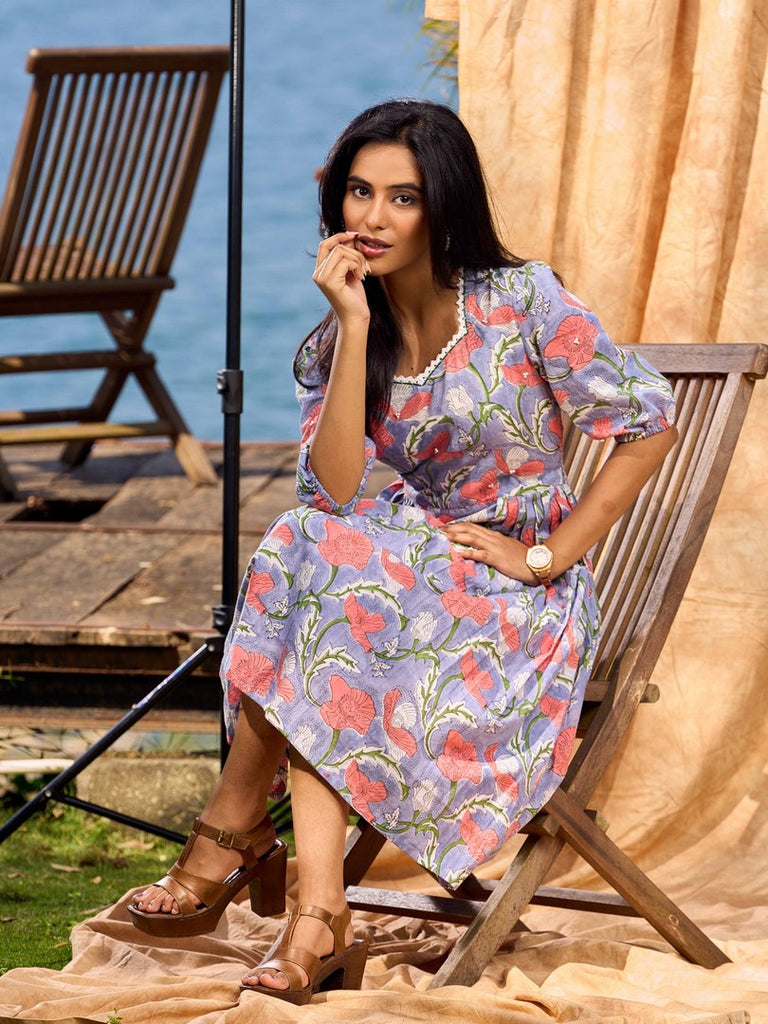 Lilac Bloom Cotton Pleated Dress With Scarlet Floral Print