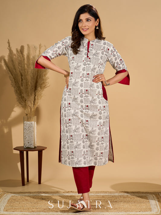 White Radiance Mul Cotton Kurta with Opulent Maroon Detailing
