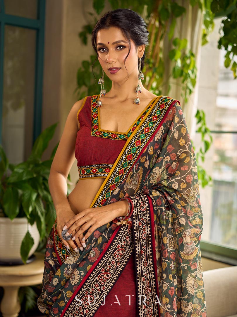 Regal Maroon Cotton Saree with Rich Kalamkari Printed Pallu with Mirror work