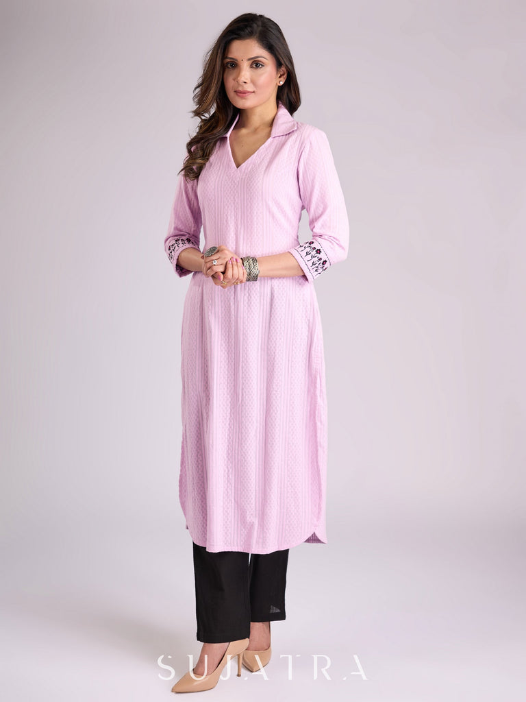 Lustrous Lavender Cotton Kurta with Intricately Embroidered Sleeves
