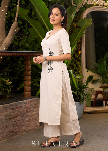 Dussehra Sale — Off-White Cotton Kurta with Hand Painted Motif on One Side - Pant Optional