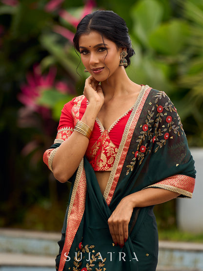 Timeless Bottle Green Georgette Saree with Contrast Red Benarasi Border & Hand Embroidered Pallu