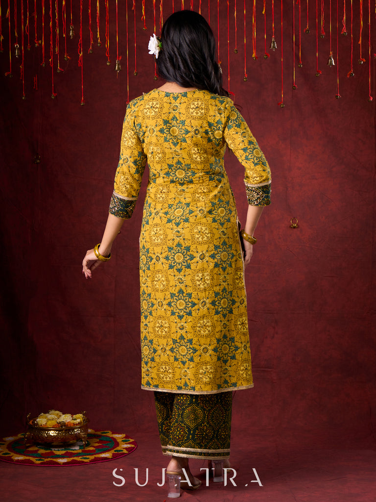 Mustard & Green Ajrakh Cotton Kurta with Minimal Hand Embroidery