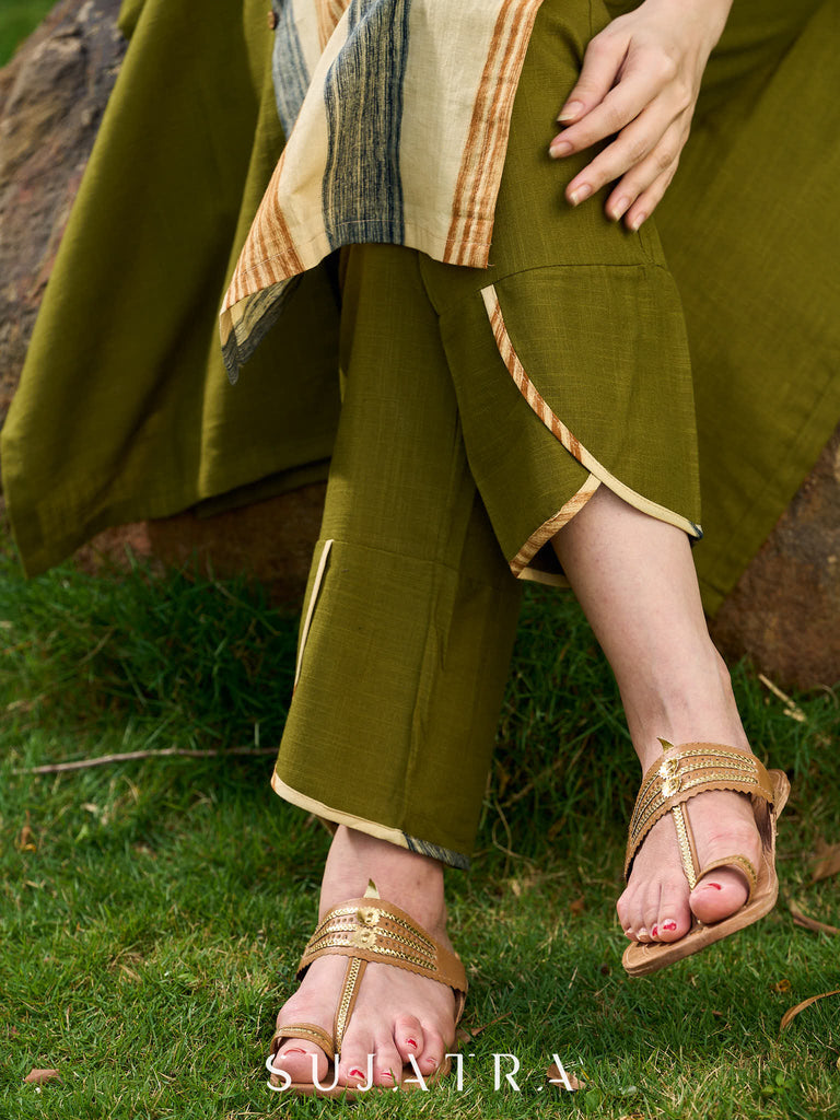 Artisanal Olive Cotton Kurta with Earthy Stripes and Asymmetrical Cut Panels