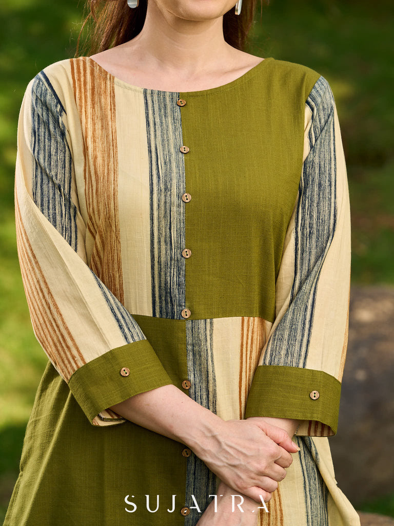 Artisanal Olive Cotton Kurta with Earthy Stripes and Asymmetrical Cut Panels