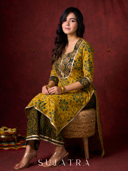 Mustard & Green Ajrakh Cotton Kurta with Minimal Hand Embroidery