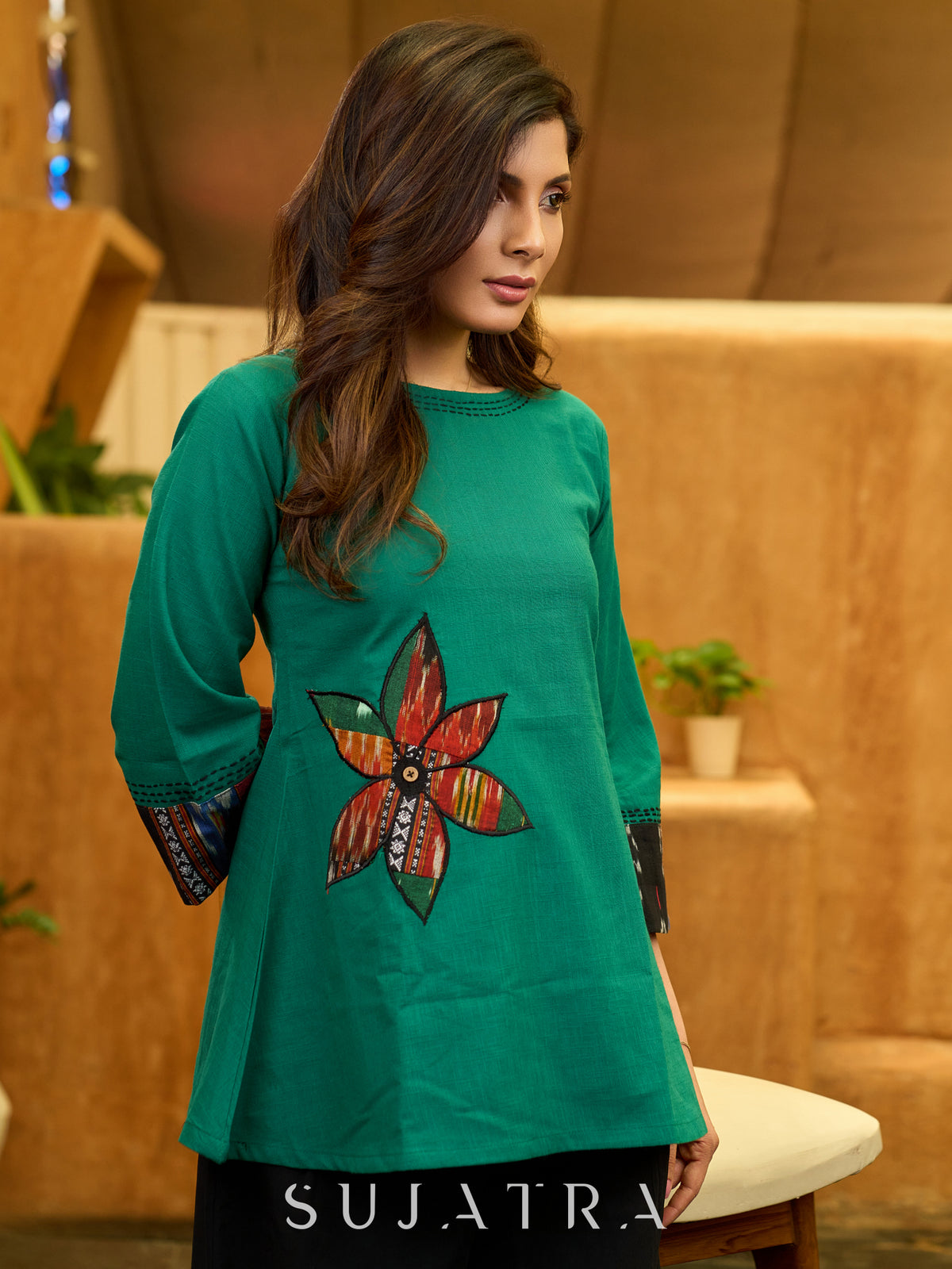 Artisan Patchwork Cotton Top in Green with Ikat Sleeves, Applique Floral and Hand Embroidered Kantha Stitchwork